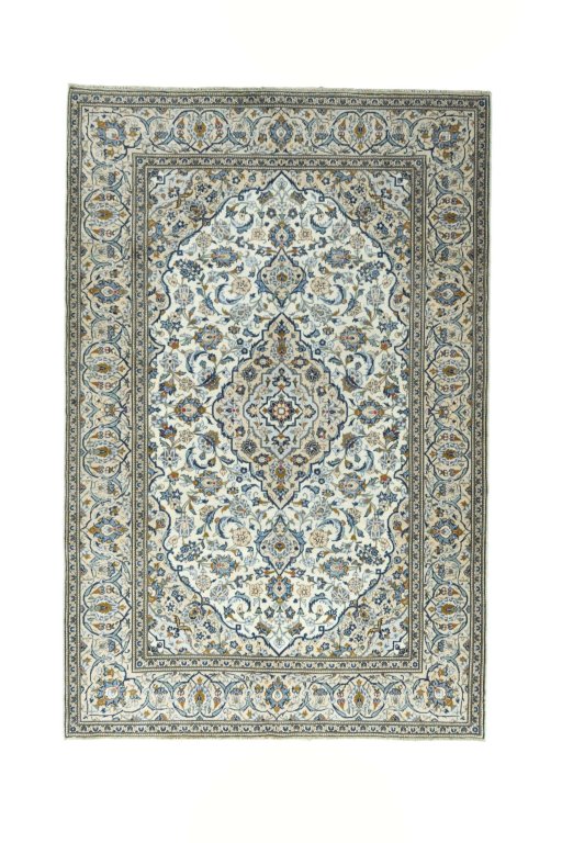 Full view of 2000s Kashan rug from Iran / Persia, 296 × 194 cm in Beige tones