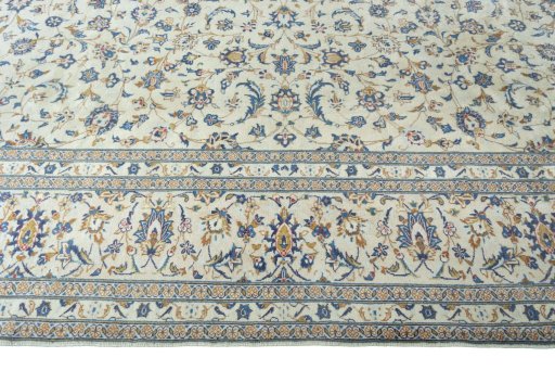 Full view of 2000s Kashan rug from Iran / Persia, 404 × 288 cm in Beige tones