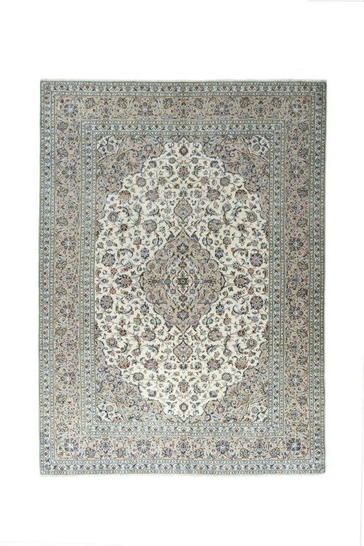 Full view of 2000s Kashan rug from Iran / Persia, 337 × 245 cm in Beige tones