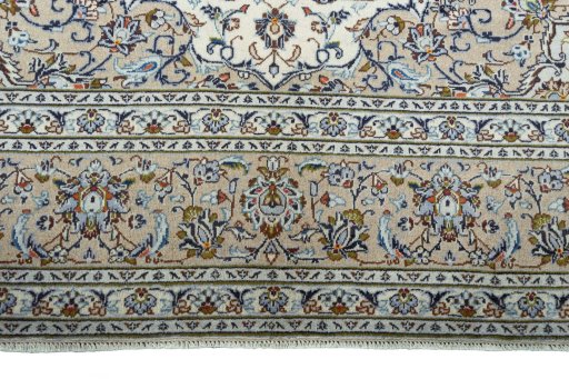 Full view of 2000s Kashan rug from Iran / Persia, 337 × 245 cm in Beige tones