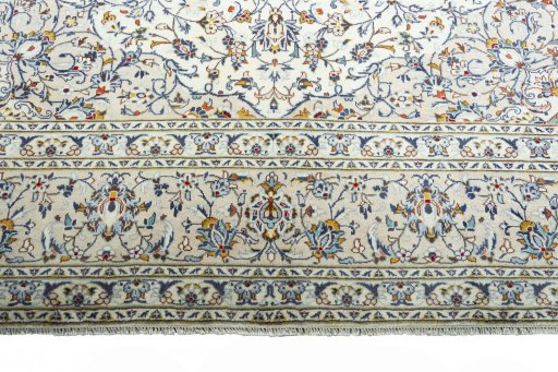 Full view of 2000s Kashan rug from Iran / Persia, 396 × 291 cm in Beige tones