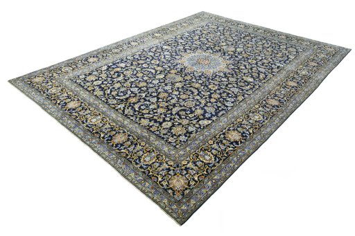 Corner detail of 2000s Kashan rug showing border pattern and Wool pile
