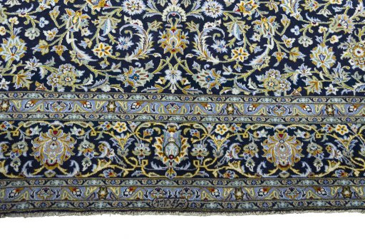 Full view of 2000s Kashan rug from Iran / Persia, 405 × 302 cm in Blue tones