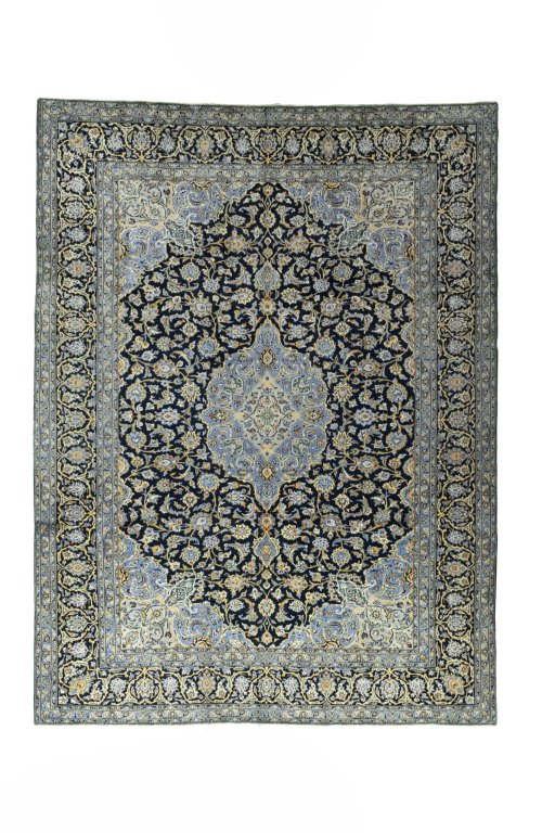 Full view of 2000s Kashan rug from Iran / Persia, 401 × 302 cm in Blue tones