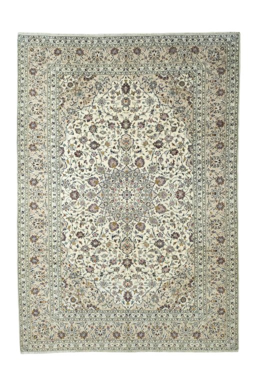 Full view of 2000s Kashan rug from Iran / Persia, 351 × 246 cm in Beige tones
