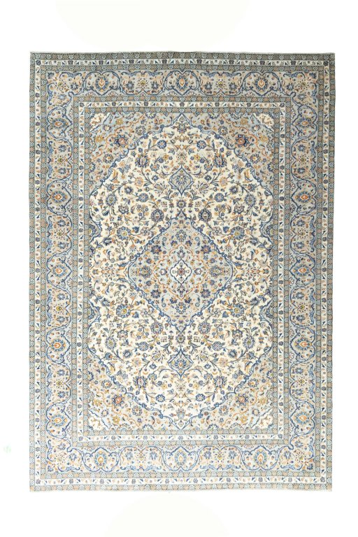 Full view of 2000s Kashan rug from Iran / Persia, 350 × 243 cm in Beige tones