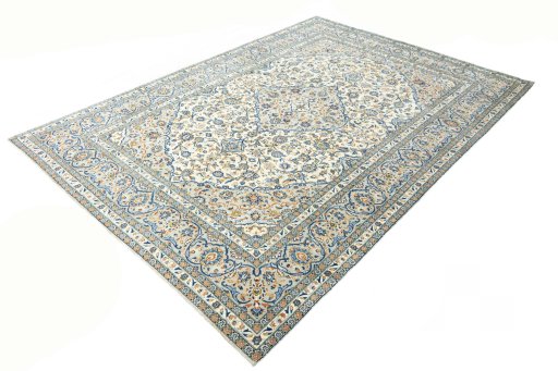 Corner detail of 2000s Kashan rug showing border pattern and Wool pile