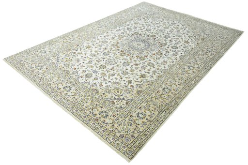 Corner detail of New Kashan rug showing border pattern and Wool pile