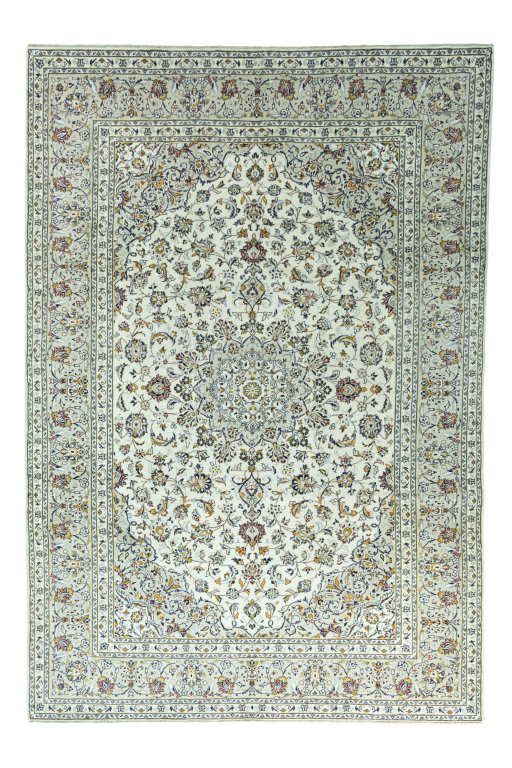 Full view of 2000s Kashan rug from Iran / Persia, 356 × 245 cm in Beige tones