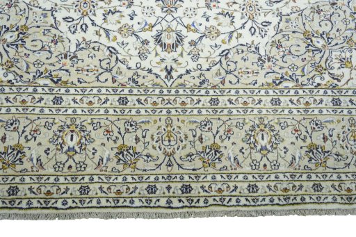 Full view of 2000s Kashan rug from Iran / Persia, 351 × 249 cm in Beige tones