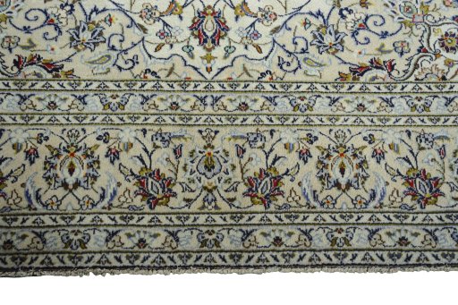 Full view of 2000s Kashan rug from Iran / Persia, 351 × 239 cm in Beige tones