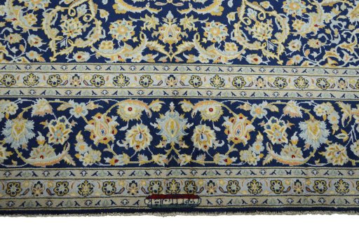 Full view of 2000s Kashan rug from Iran / Persia, 422 × 312 cm in Blue tones