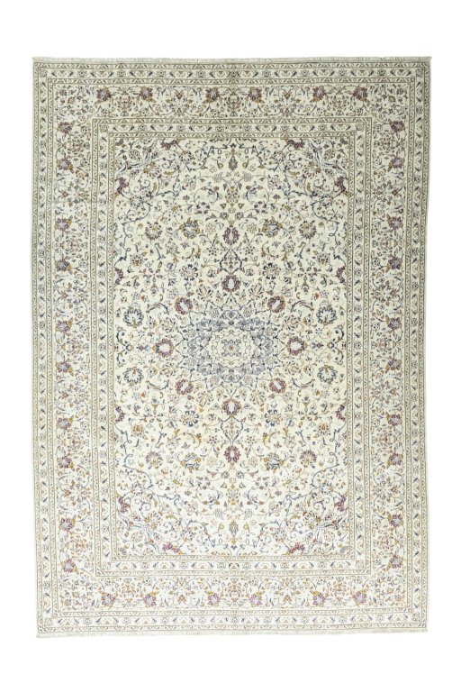Full view of 2000s Kashan rug from Iran / Persia, 346 × 238 cm in Beige tones