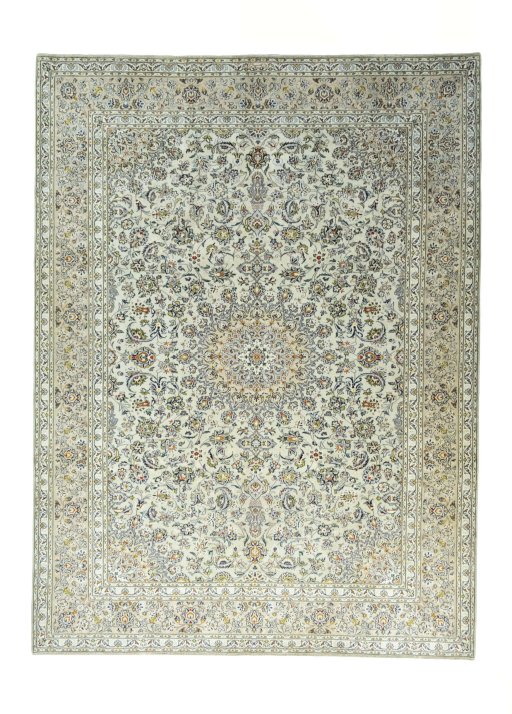 Full view of 2000s Kashan rug from Iran / Persia, 406 × 301 cm in Green tones