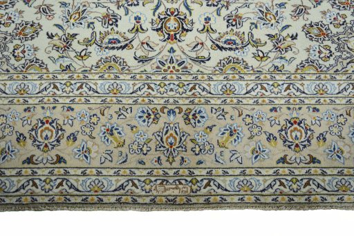 Full view of 2000s Kashan rug from Iran / Persia, 406 × 301 cm in Green tones