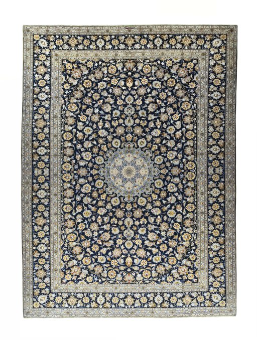 Full view of 2000s Kashan rug from Iran / Persia, 424 × 310 cm in Blue tones