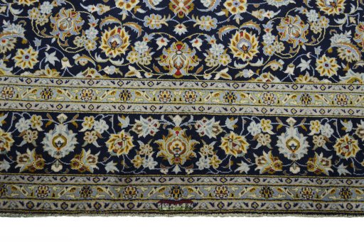 Full view of 2000s Kashan rug from Iran / Persia, 424 × 310 cm in Blue tones