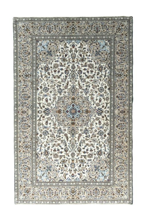 Full view of 2000s Kashan rug from Iran / Persia, 298 × 191 cm in Beige tones