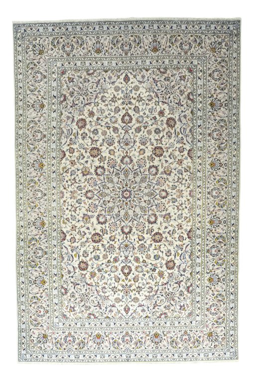 Full view of 2000s Kashan rug from Iran / Persia, 368 × 242 cm in Beige tones