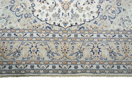Full view of New Kashan rug from Iran / Persia, 349 × 241 cm in Beige tones