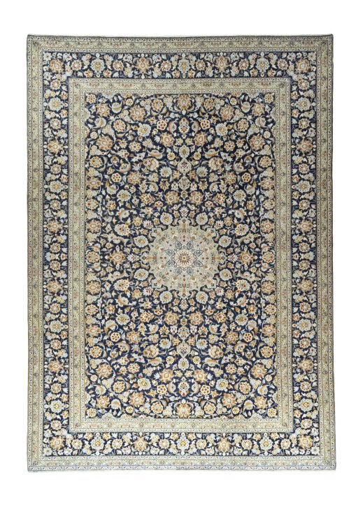 Full view of 2000s Kashan rug from Iran / Persia, 426 × 301 cm in Blue tones