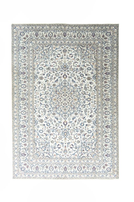 Full view of 2000s Kashan rug from Iran / Persia, 353 × 245 cm in Beige tones