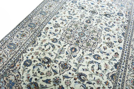 Backside of handmade New Kashan rug showing knot structure and weave density