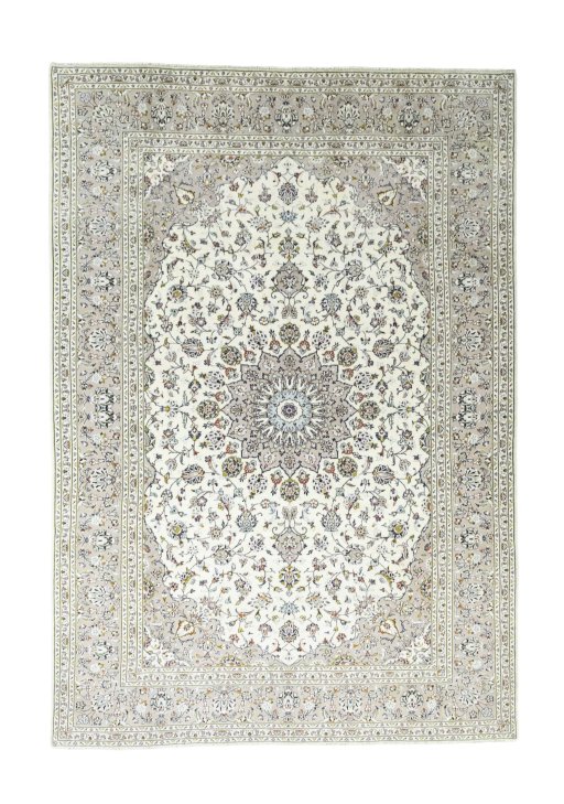 Full view of 2000s Kashan rug from Iran / Persia, 347 × 240 cm in Beige tones