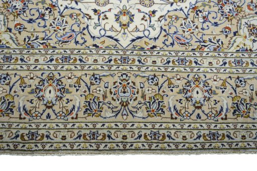 Full view of New Kashan rug from Iran / Persia, 367 × 246 cm in Beige tones