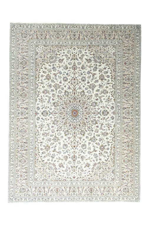 Full view of 2000s Kashan rug from Iran / Persia, 331 × 245 cm in Beige tones