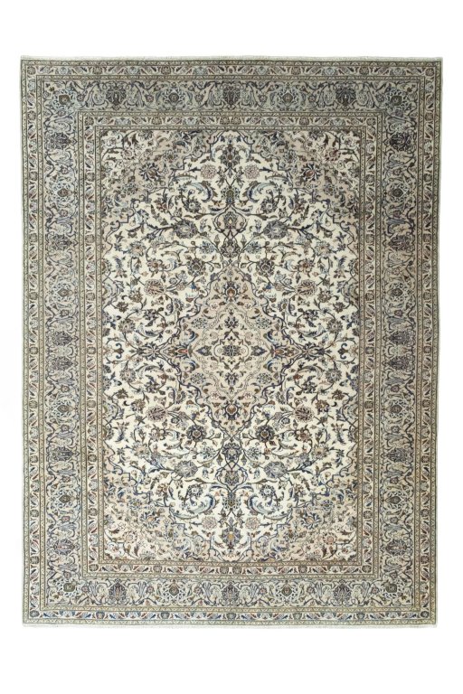 Full view of 2000s Kashan rug from Iran / Persia, 398 × 293 cm in Beige tones
