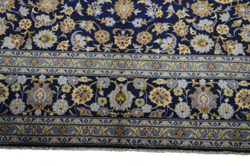 Full view of 2000s Kashan rug from Iran / Persia, 413 × 303 cm in Blue tones