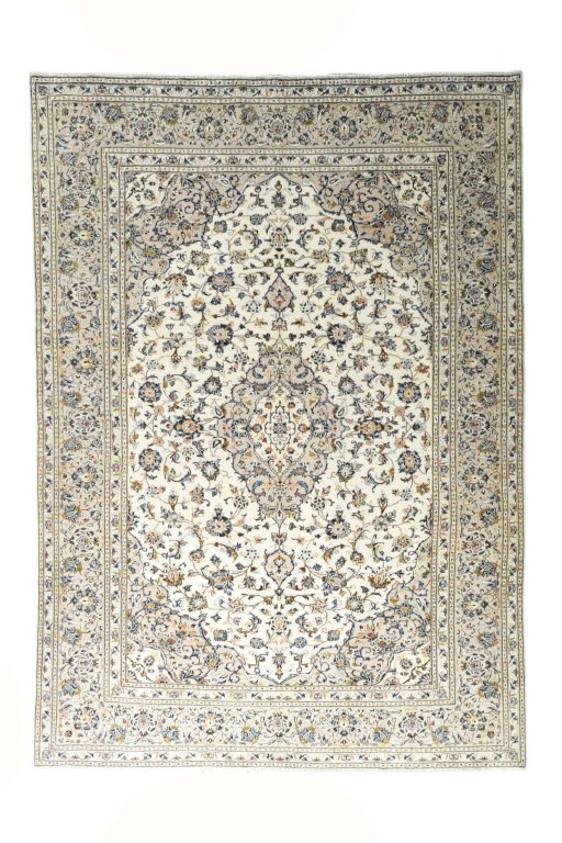 Full view of 2000s Kashan rug from Iran / Persia, 346 × 246 cm in Beige tones