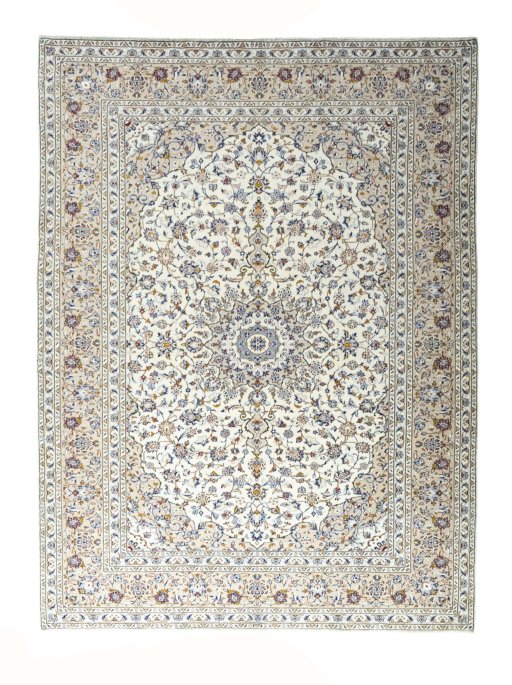 Full view of 2000s Kashan rug from Iran / Persia, 343 × 257 cm in Beige tones