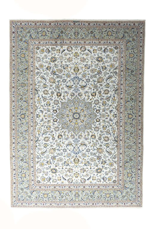 Full view of 2000s Kashan rug from Iran / Persia, 374 × 267 cm in Beige tones