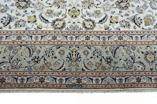 Full view of 2000s Kashan rug from Iran / Persia, 374 × 267 cm in Beige tones