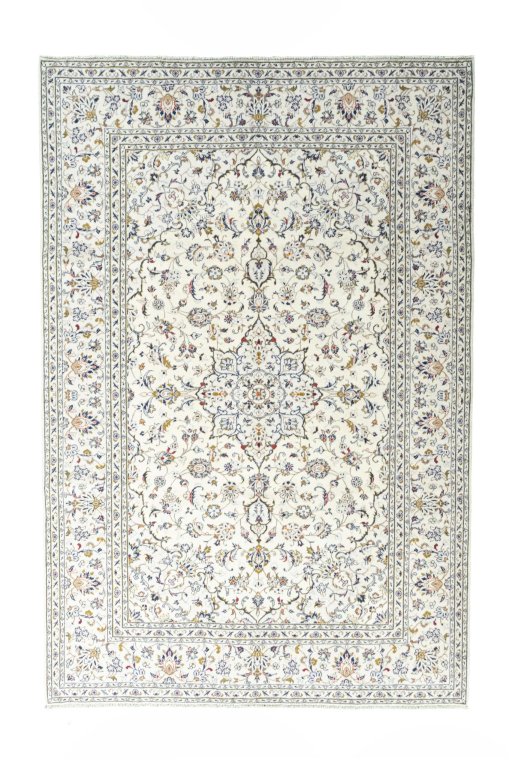 Full view of 2000s Kashan rug from Iran / Persia, 303 × 202 cm in Beige tones