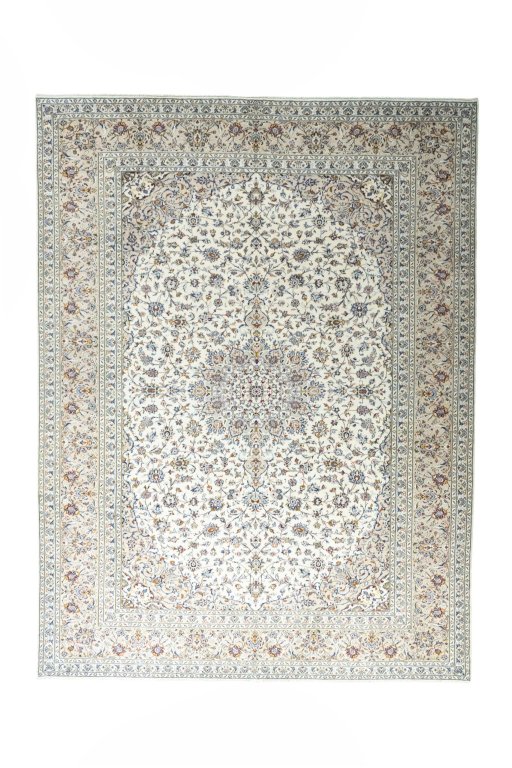 Full view of 2000s Kashan rug from Iran / Persia, 403 × 303 cm in Beige tones