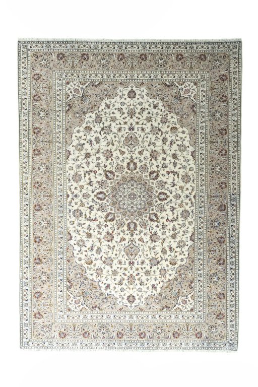 Full view of 2000s Kashan rug from Iran / Persia, 343 × 247 cm in Beige tones