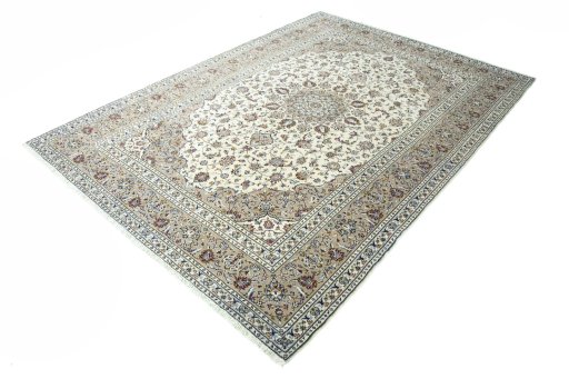 Corner detail of 2000s Kashan rug showing border pattern and Wool pile