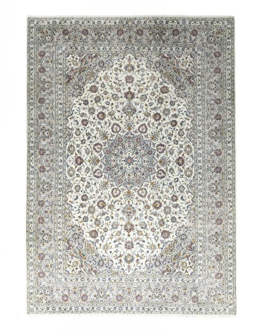 Full view of 2000s Kashan rug from Iran / Persia, 354 × 250 cm in Beige tones