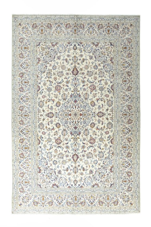 Full view of 2000s Kashan rug from Iran / Persia, 303 × 200 cm in Beige tones