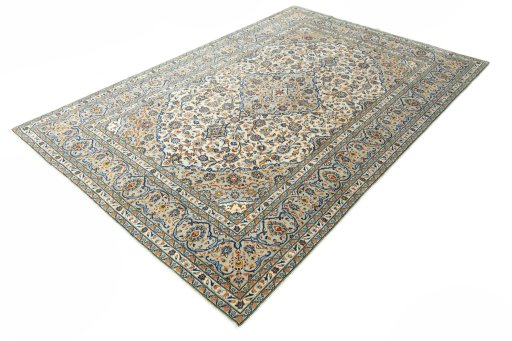 Corner detail of 2000s Kashan rug showing border pattern and Wool pile