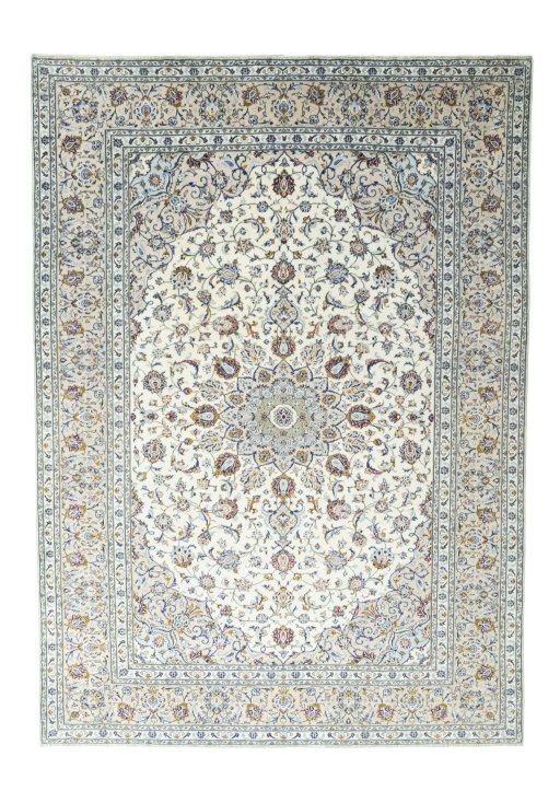 Full view of 2000s Kashan rug from Iran / Persia, 346 × 247 cm in Beige tones