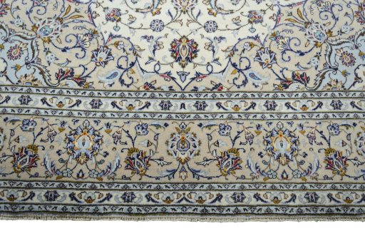 Full view of 2000s Kashan rug from Iran / Persia, 346 × 247 cm in Beige tones