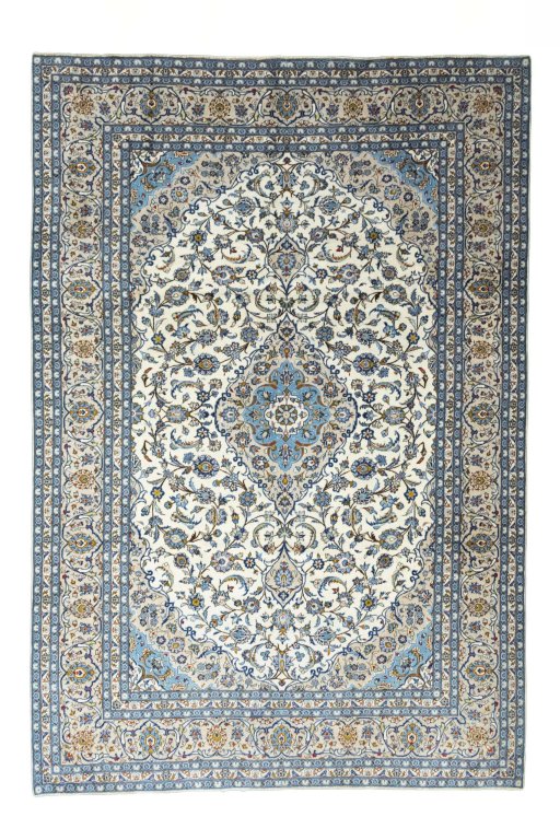 Full view of 2000s Kashan rug from Iran / Persia, 364 × 247 cm in Beige tones
