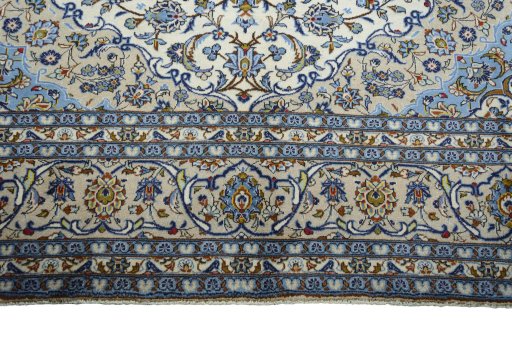 Full view of 2000s Kashan rug from Iran / Persia, 364 × 247 cm in Beige tones