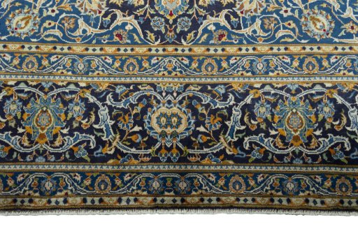 Full view of 2000s Kashan rug from Iran / Persia, 411 × 297 cm in Blue tones