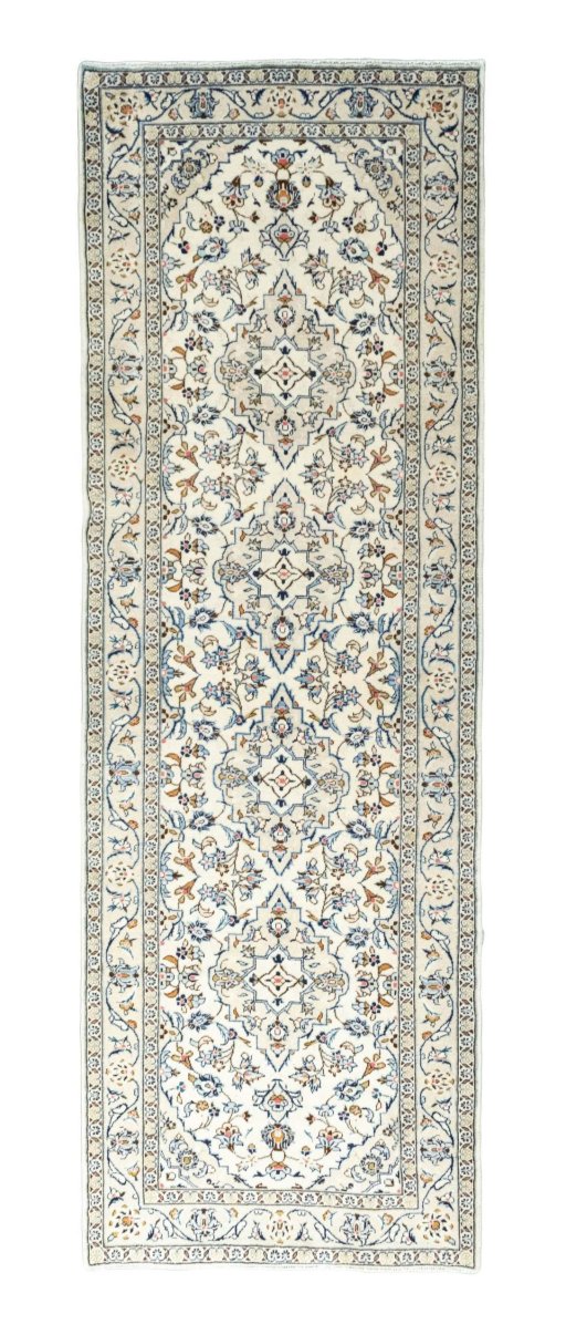Full view of 2000s Kashan rug from Iran / Persia, 291 × 97 cm in Beige tones