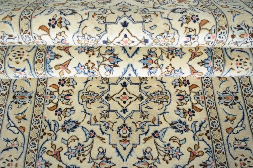 Full view of 2000s Kashan rug from Iran / Persia, 291 × 97 cm in Beige tones